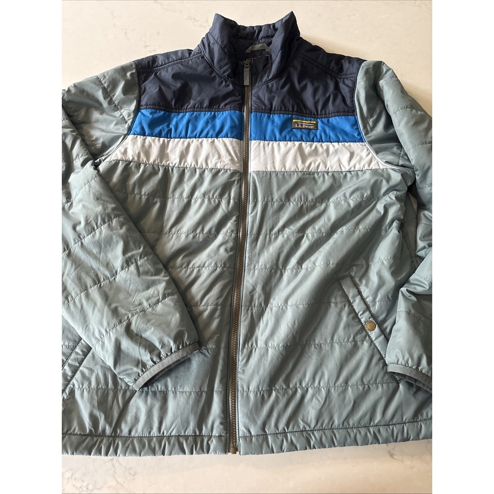 LL Bean Mountain Classic Puffer Jacket Mens XL Colorblock Navy Green 512406 Coat